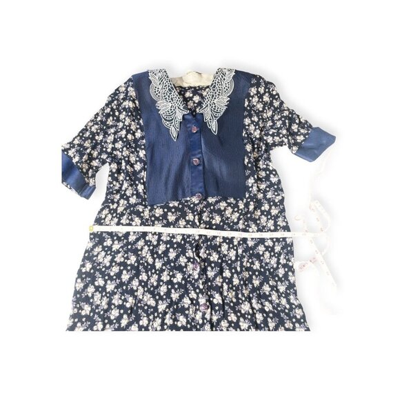 Vintage 80s GASPE Navy Floral Maxi Dress Lace Retro SZ M Cottage Core - Picture 8 of 11
